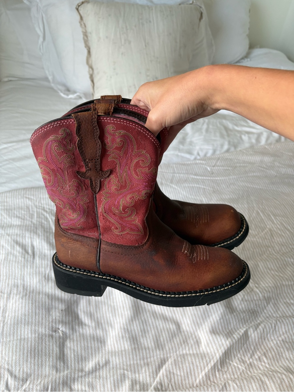 Ariat Brown Leather Cowboy Boots with Pink Embroidered Shaft